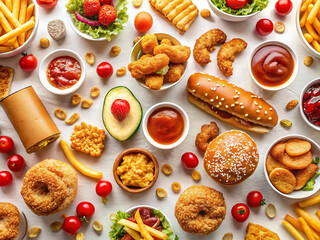 A variety of fast food items including french fries, burgers, chicken nuggets, and hot dogs, arranged on a table