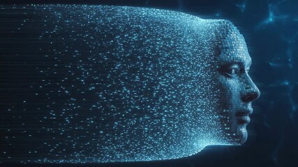 Digital Aura: A captivating digital composition illustrates the human profile, intricately constructed from countless particles that seem to flow and dissolve, suggesting a concept of technology. - Powered by Adobe