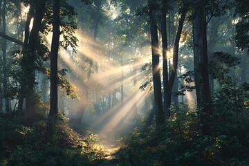 Fototapeta premium Sunbeams piercing through morning mist and tall forest trees, illuminating a peaceful natural path in green woods creating a serene and ethereal atmosphere