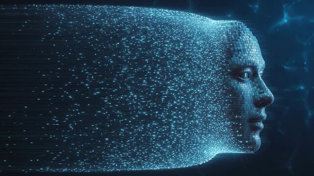 Digital Aura: A captivating digital composition illustrates the human profile, intricately constructed from countless particles that seem to flow and dissolve, suggesting a concept of technology.