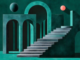 Abstract Teal Architecture with Staircase and Arches