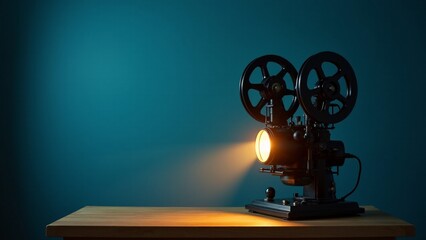Vintage Projector Illuminating In Dark Blue Room