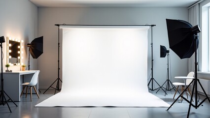 Photo Studio With White Backdrop And Lighting