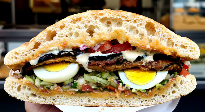 Jewish Sabich. Sabich pita sandwich, stuffed with fried eggplant, hard-boiled egg, Israeli salad, tahini, and amba (mango pickle) 