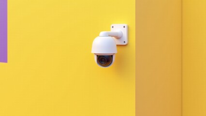 White Surveillance Camera Attached To Yellow Wall
