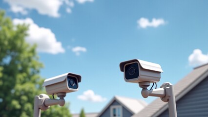 Two Security Cameras Outdoors Under Blue Sky