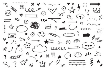Hand drawn simple doodle elements. Grunge underlines, icons, emphasis, speech bubbles, arrows and shapes collection. Vector illustration isolated on white background
