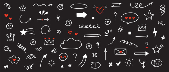 Hand drawn simple doodle elements. Grunge underlines, icons, emphasis, speech bubbles, arrows and shapes collection. Vector illustration isolated on black background
