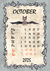 Halloween calendar October 2025 postel