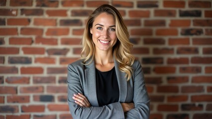 Smiling Businesswoman Posing Against Brick Wall