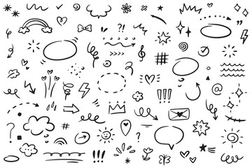 Hand drawn simple doodle elements. Grunge underlines, icons, emphasis, speech bubbles, arrows and shapes collection. Vector illustration isolated on white background