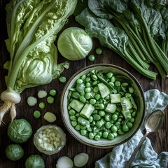 Delicious Green Vegetable Salad Bowl with Peas, Spinach, and Cucumber