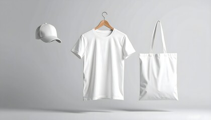 Creative composition of a floating white t-shirt, tote bag, and cap mockup