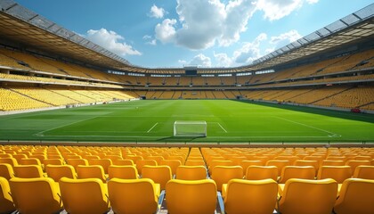 Vast empty stadium shows rows of bright yellow seats facing rich green field. Blue sky with fluffy clouds above provides scenic backdrop. Sports arena appears vacant awaiting event game. Perfect view