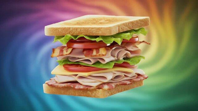 Delicious Tall Club Sandwich on a Colorful Swirling Background.