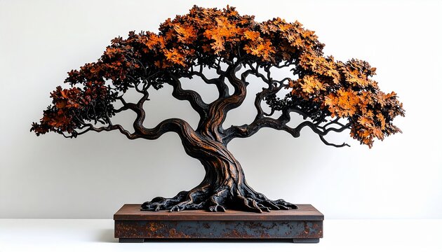 Intricate handcrafted miniature bonsai sculpture. Features twisted branches, vibrant autumn leaves, rustic base. Detailed artwork, natural beauty, serene craftsmanship