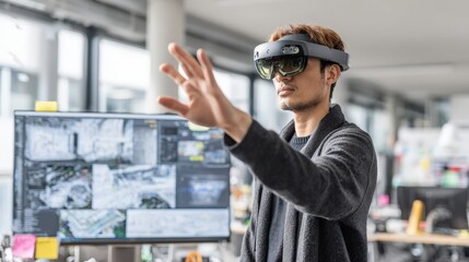 Employee using AR headset in modern office engaging with interactive virtual training modules for enhanced skill development and realtime feedback.