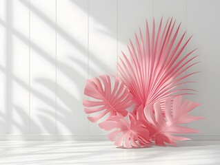 Pink Tropical Leaves Minimalist Background Room Scene
