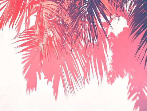 Pink Palm Leaves Shadow on Wall Tropical Summer Background