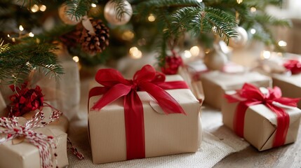 Decorated Christmas gifts under a festive tree surrounded by soft lights