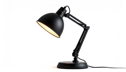 A modern black adjustable desk lamp shining a warm light, representing concepts of focused work, study, and creative ideas on a white background