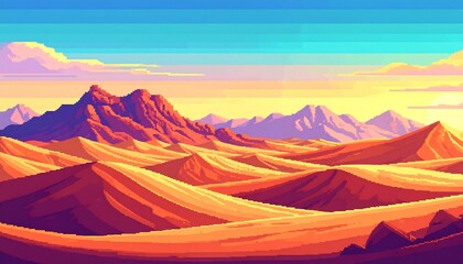 Pixel art desert landscape at sunset. Vivid colors, mountains, sand dunes, clouds