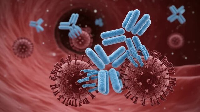 Microscopic view of antibodies targeting harmful viruses inside the bloodstream in a detailed 3D medical illustration, showcasing immune system defense in a clinical science