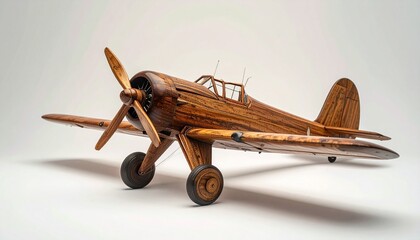 Exquisitely crafted vintage-style wooden model aircraft, a detailed miniature replica showcasing intricate design and artisanal skill, set against a clean white background