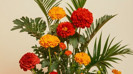 Vibrant Red and Orange Marigold Flower Arrangement with Palm Leaves