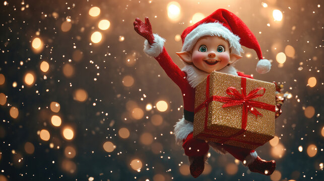 Santa's elf with gift box,realistic art photography for advertising,holiday christmas concept,creative composition from stock photos