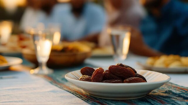 A beautifully set table featuring dates in a bowl, glowing candles, and friends sharing a warm gathering during a meal, emphasizing community and togetherness.