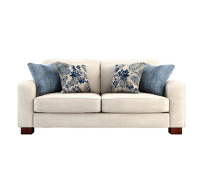 Comfortable modern sofa with patterned cushions and wooden legs isolated on transparent background