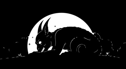 Mysterious jackalope silhouette under a bright full moon, perfect for Halloween designs or spooky fantasy themes, originally a scalable vector graphic