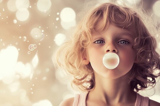 Boy blowing a bubble with gum in a softly blurred, dreamy background - Powered by Adobe