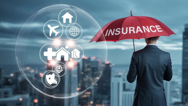 Protecting Futures: A businessman holds an umbrella labeled 'insurance' against a backdrop of a cityscape with overlaid icons representing diverse insurance coverage.