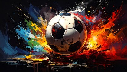 Abstract Artwork of a Soccer Ball with Colorful Explosive Artistic Splashes
