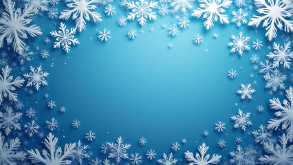 Realistic 3D Snowflake Border on Vibrant Blue Background – Premium Winter Template for Invitations, Packaging & Holiday Marketing