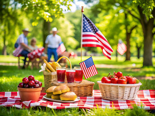 Fourth of july picnic with american flags, food, and people celebrating in a park