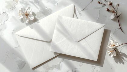 Romantic correspondence concept featuring blank white envelopes and spring blossoms on a textured surface
