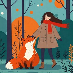Cute girl with a fox in autumn forest. Flat design illustration of friendship and nature.
