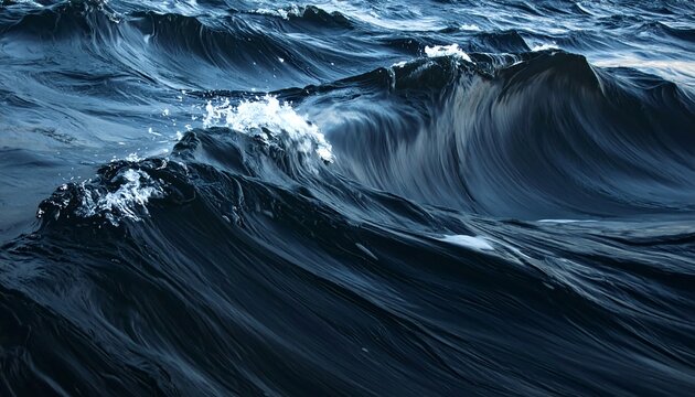 Dark blue ocean waves cresting, churning with white foam, capturing the raw power and movement of the open sea