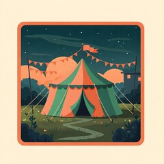 Retro circus tent at night. Vintage illustration of a carnival or campsite under a starry sky.
