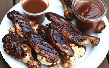 Delicious Grilled BBQ Chicken Wings with Cauliflower and Sauce