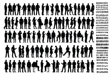 Large collection of black human silhouettes standing and sitting