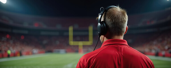 American football coach in red shirt with headset watches action at night from stadium sideline. Strategizes plays, communicates with team, focuses on performance. Goalpost stands on green field