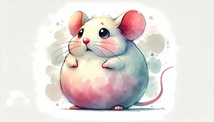 Cute fluffy mouse watercolor. Adorable cartoon rodent illustration in pastel colors.

