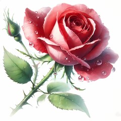 Red rose watercolor close-up. Detailed botanical illustration with water drops and thorns.
