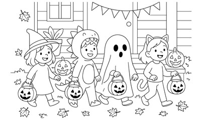 Fototapeta premium Cute kids in halloween costumes trick-or-treating line art coloring page