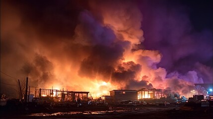 Infernal blaze consuming multiple buildings and structures, emitting thick orange and purple smoke into the dark night sky, symbolizing disaster, emergency, and significant destruction