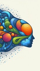 Abstract brain illustration. Profile of a head filled with vibrant colors and swirling organic shapes.
